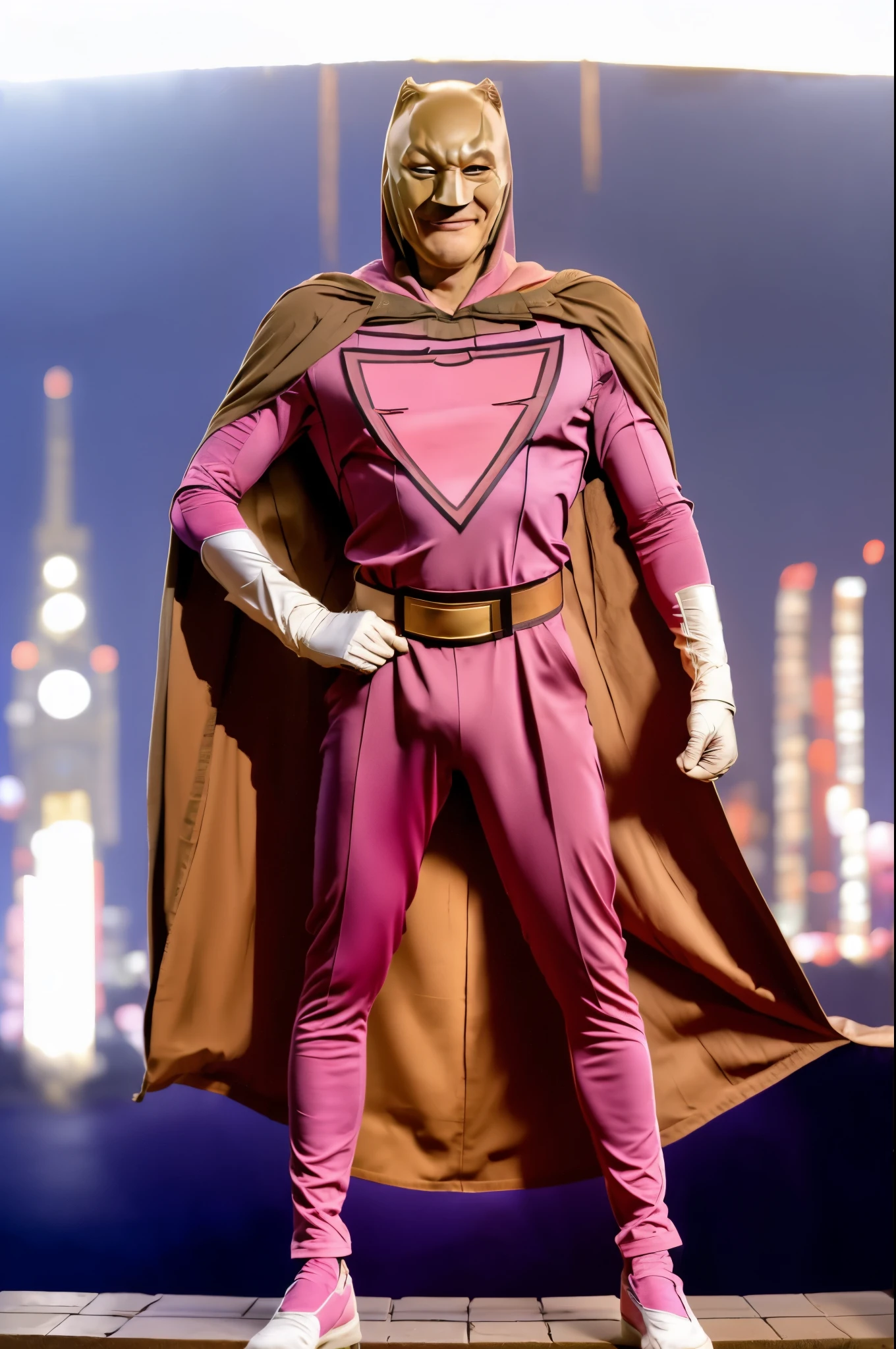 ((best quality)), ((masterpiece)), (detailed), 1man. 3/4 portrait. Man. Dr doom . Wear cape. Triangle emblem on body. Very skinny. Lose weight.maevel. pink panther. Tight pant. Thunder background . Smile. Hight tech belt. Hand holding belt. Wear gloves.mask