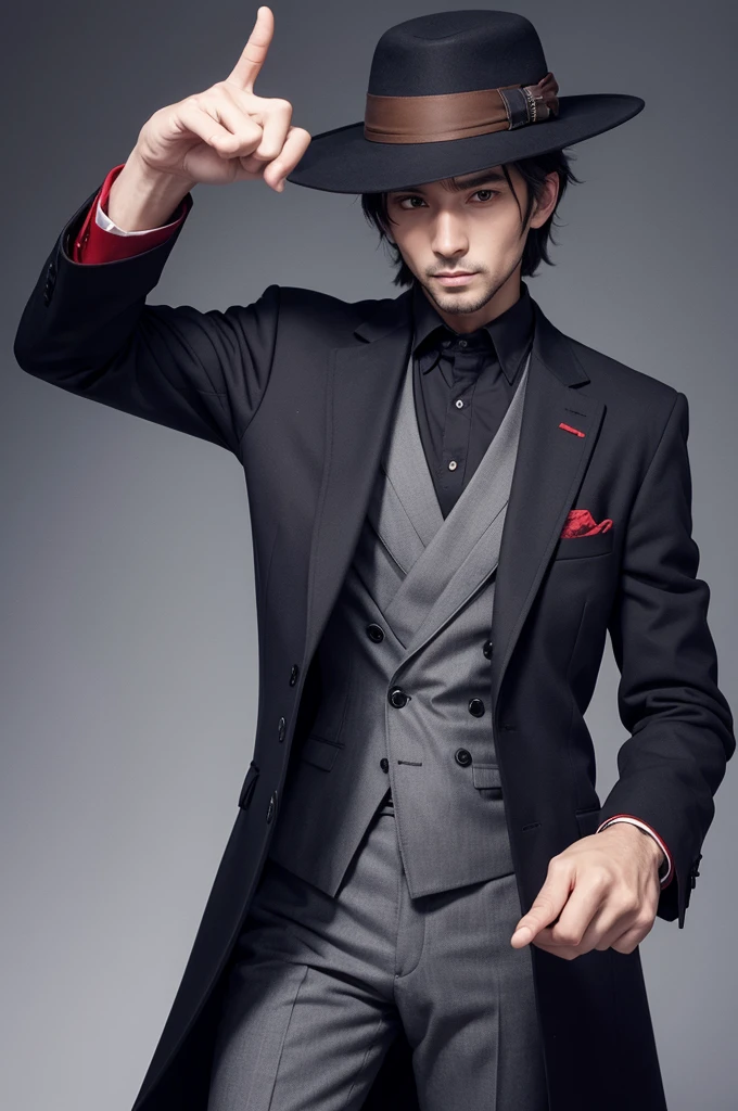 Man wearing a coat and hat with his left arm extended and his hand in a gesture as if he were manipulating a puppet.  Anime style.