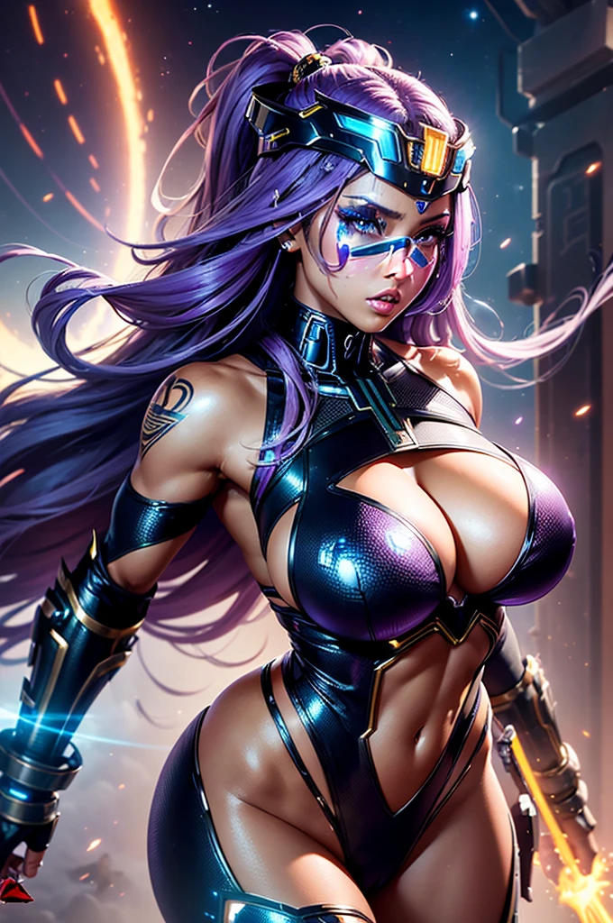 A perfect sexy and beautiful, exuberant and very young cybernetic android warrior with black African and oriental features, Japanese and Chinese, mixed with the clone of the Greek warrior goddess Athena, with huge super ultra mega giant breasts, Brunetette, extremely thin waist, very tanned and sweaty, HUGE big ASS, steep, HARD AND MUSCULOUS, Purple colored eyes, with barcode tattoos, transformed into a super sensual and extremely super ULTRA HIPER mega muscular astronaut goddess, fitness, bodybuilder, fit bodybuilder and weightlifter, very muscular thighs wearing very short punk style hair, super radical and purple and very smooth in locks, wearing sexy cyberpunk battle outfits, seen in the form of a hologram made only of light energy, coastal view, administrator and leader, queen goddess of a gigantic fleet of thousands of spaceships and hundreds of planets of her powerful stellar empire running courageously across the bridge of a star cruiser wearing a holographic helmet in the Corinthian battle format with a visor and horsehair topknot, of luminous Athenian warrior, electronic and futuristic posing extremely sexy, Floating in space