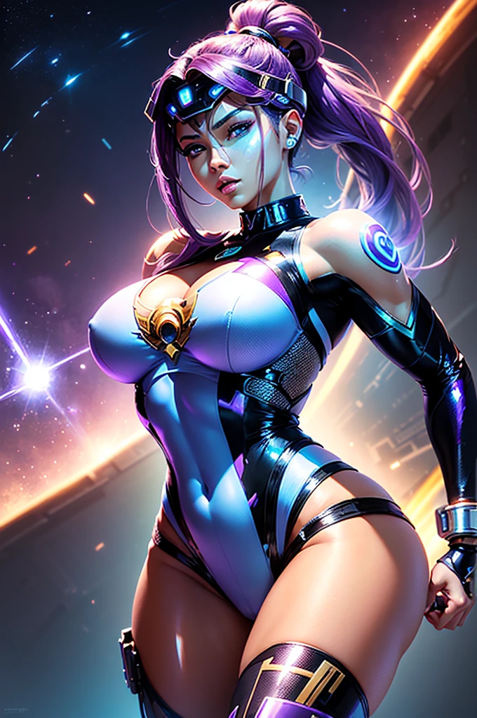 A perfect sexy and beautiful, exuberant and very young cybernetic android warrior with black African and oriental features, Japanese and Chinese, mixed with the clone of the Greek warrior goddess Athena, with huge super ultra mega giant breasts, Brunetette, extremely thin waist, very tanned and sweaty, HUGE big ASS, steep, HARD AND MUSCULOUS, Purple colored eyes, with barcode tattoos, transformed into a super sensual and extremely super ULTRA HIPER mega muscular astronaut goddess, fitness, bodybuilder, fit bodybuilder and weightlifter, very muscular thighs wearing very short punk style hair, super radical and purple and very smooth in locks, wearing sexy cyberpunk battle outfits, seen in the form of a hologram made only of light energy, coastal view, administrator and leader, queen goddess of a gigantic fleet of thousands of spaceships and hundreds of planets of her powerful stellar empire running courageously across the bridge of a star cruiser wearing a holographic helmet in the Corinthian battle format with a visor and horsehair topknot, of luminous Athenian warrior, electronic and futuristic posing extremely sexy, Floating in space