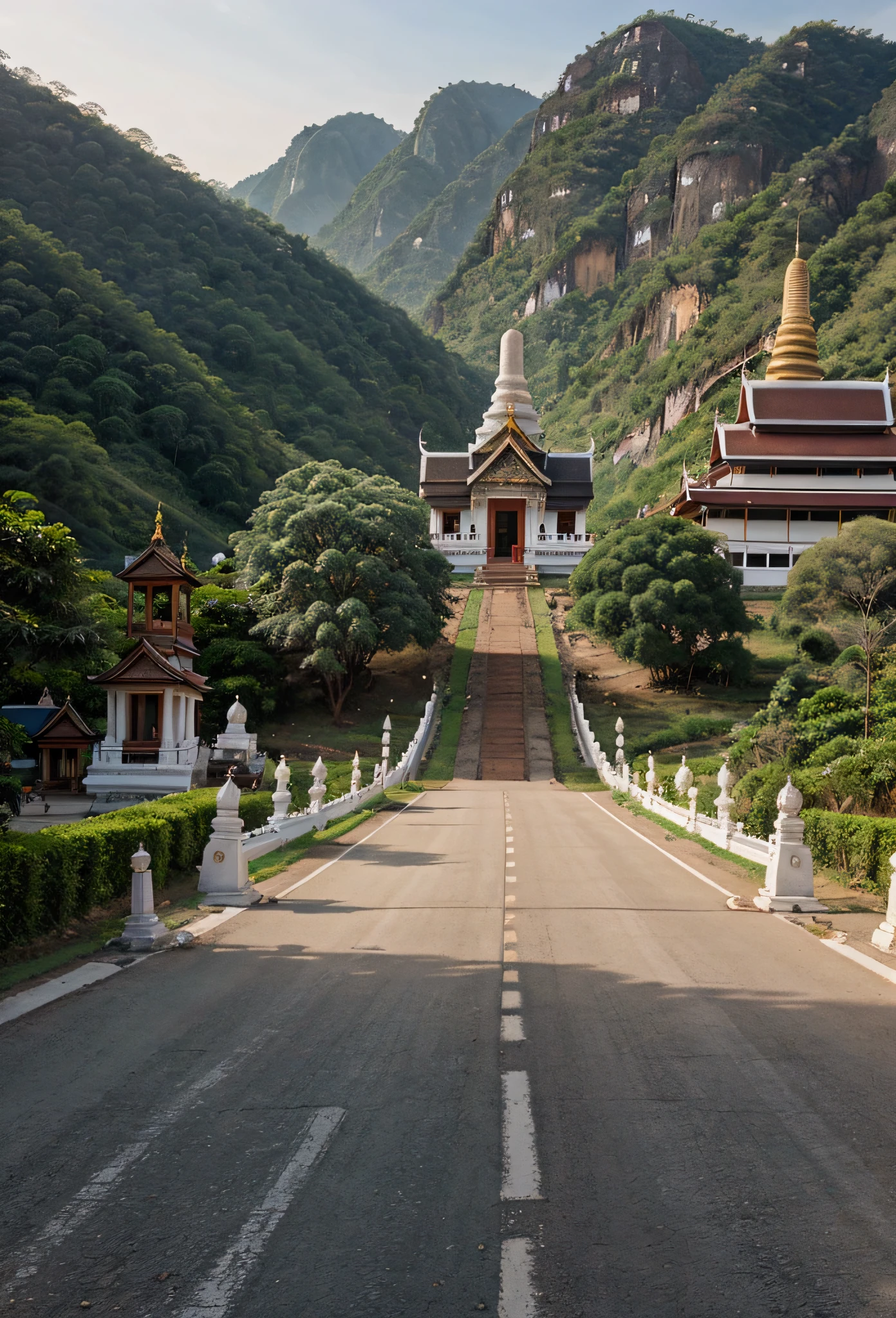 landscape of thailand,White Thai temple and monastery on the hill, complex picture,Old asphalt road