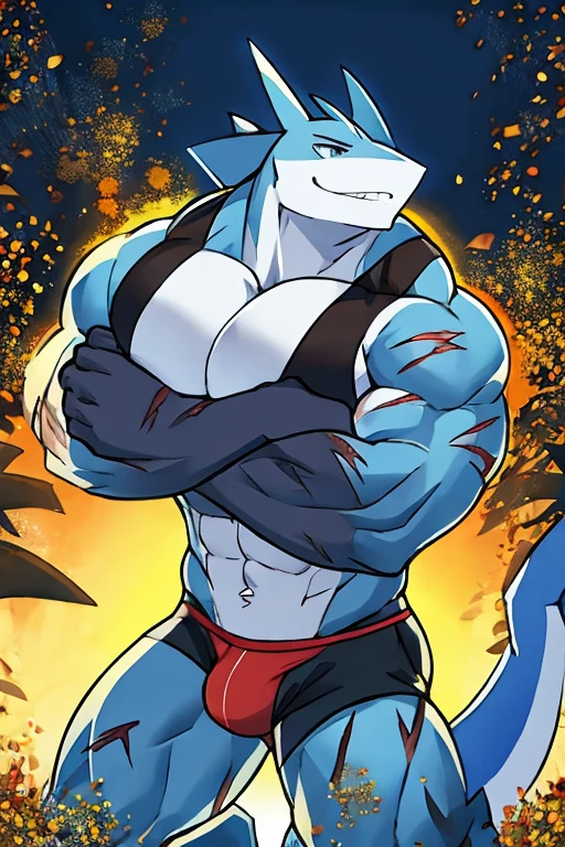 Muscular blue shark, pollen, with scars, black open cut sleeveless shirt, red underwear