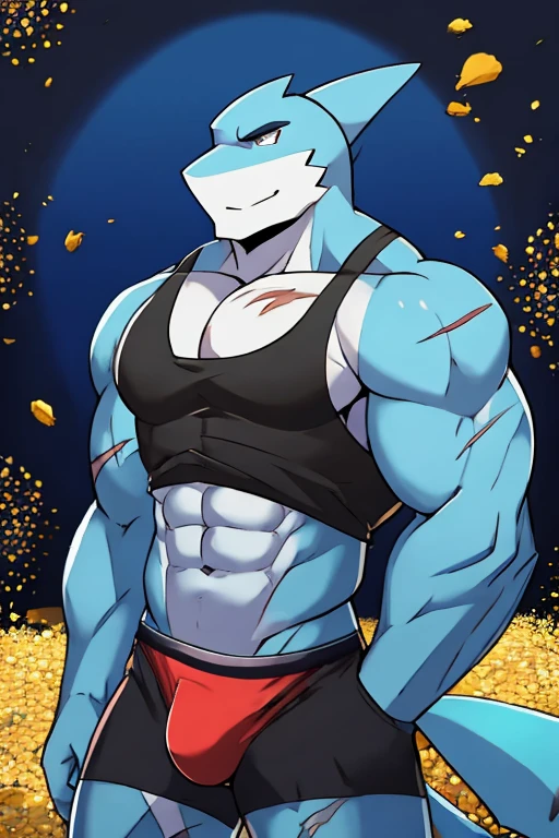 Muscular blue shark, pollen, with scars, black open cut sleeveless shirt, red underwear