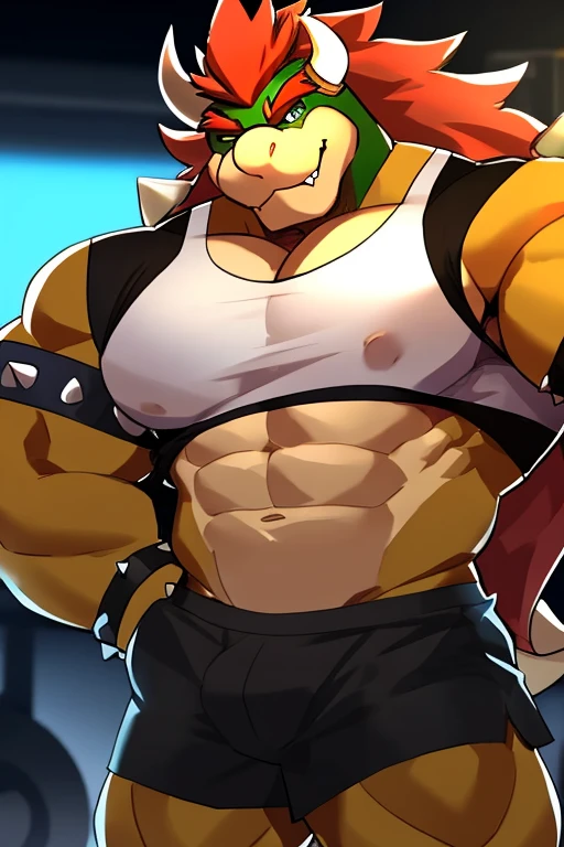 Muscular Bowser, Long hair, black open cut sleeveless gym shirt, shorts negros