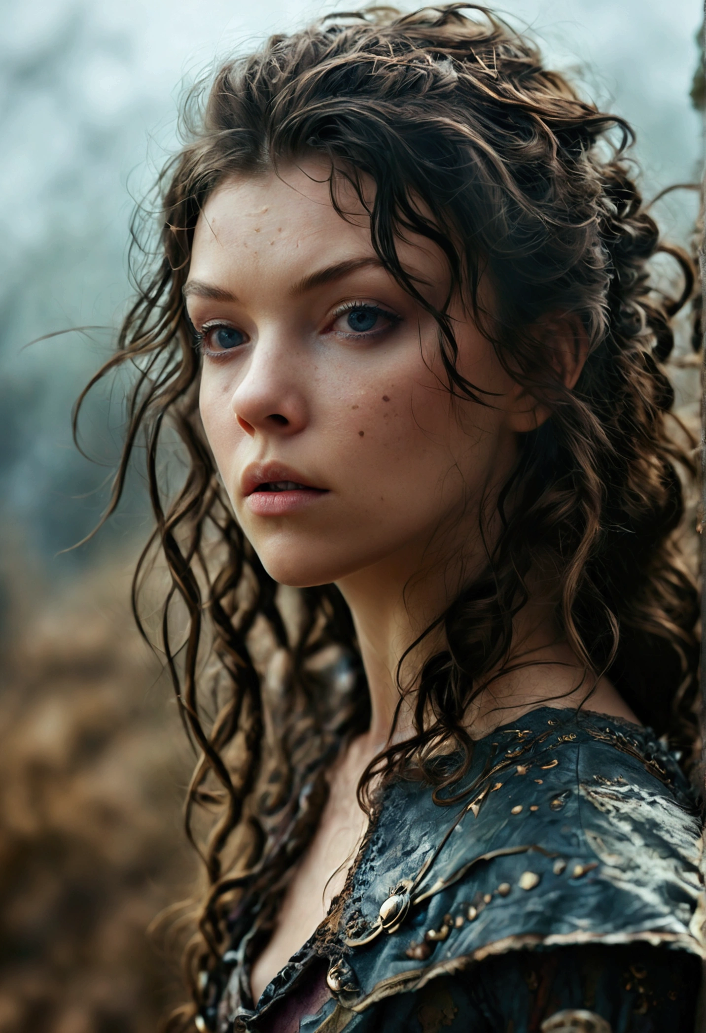 Natalie Dormer, (best quality, High resolution, masterpiece, overhead view:1.20),ultradetailed, (Full body:1.5), standing:1.2, Height 162cm, Body weight 46kg, 20 age old, female warrior, topless , asymmetrical bangs, freckles, black hair, big curls, Long hair, dark eyes, posing lasciviously, gloomy ecstasy, dark atmosphere, mysterious aura, provoking Pose, Strong emotions, through urgent look, intense shadow, Foggy background, Subtle color palette, rough terrain, threatening mood, A supernatural sensation,