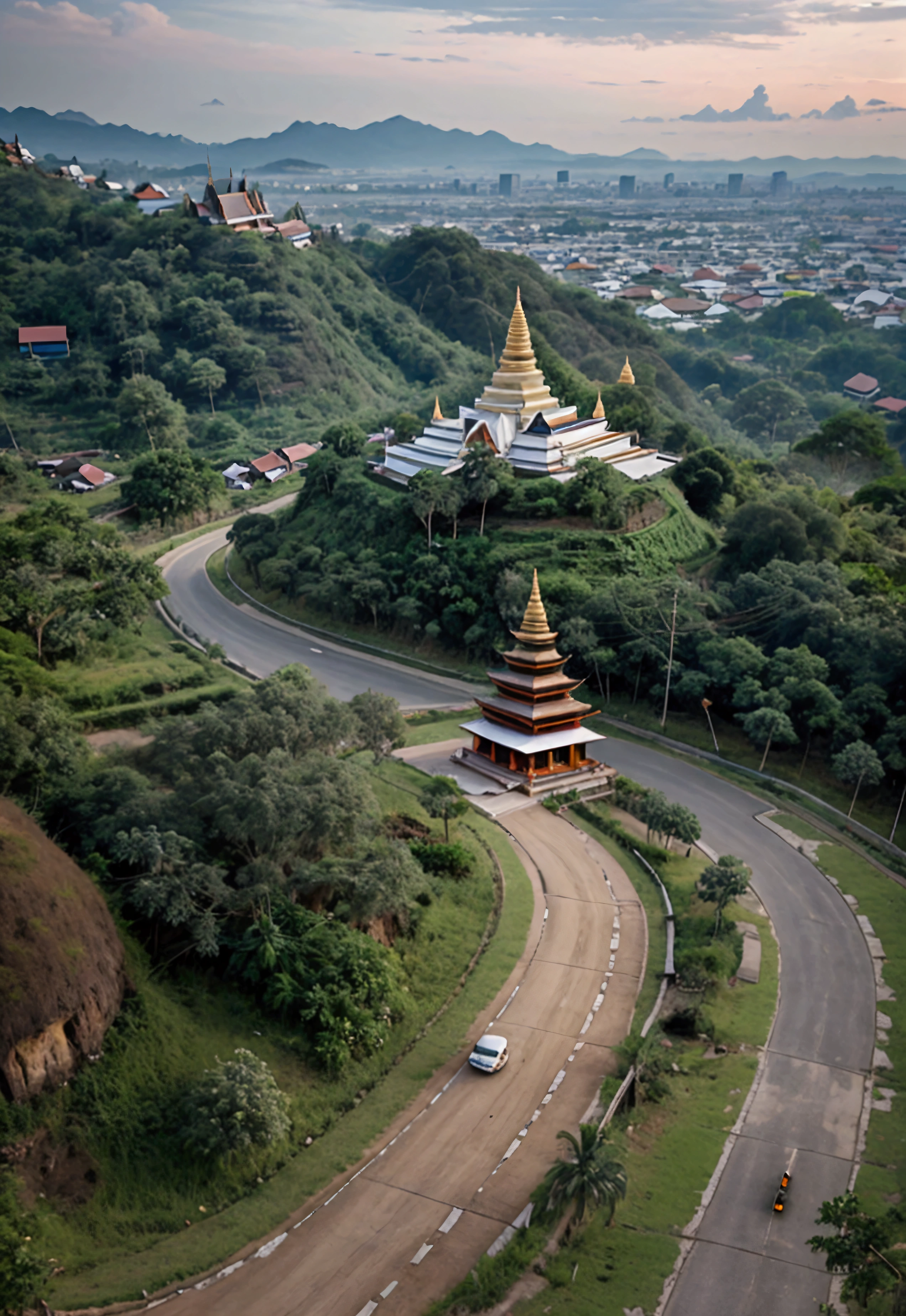 landscape of thailand,White Thai temple and monastery on the hill, complex picture,Old asphalt road