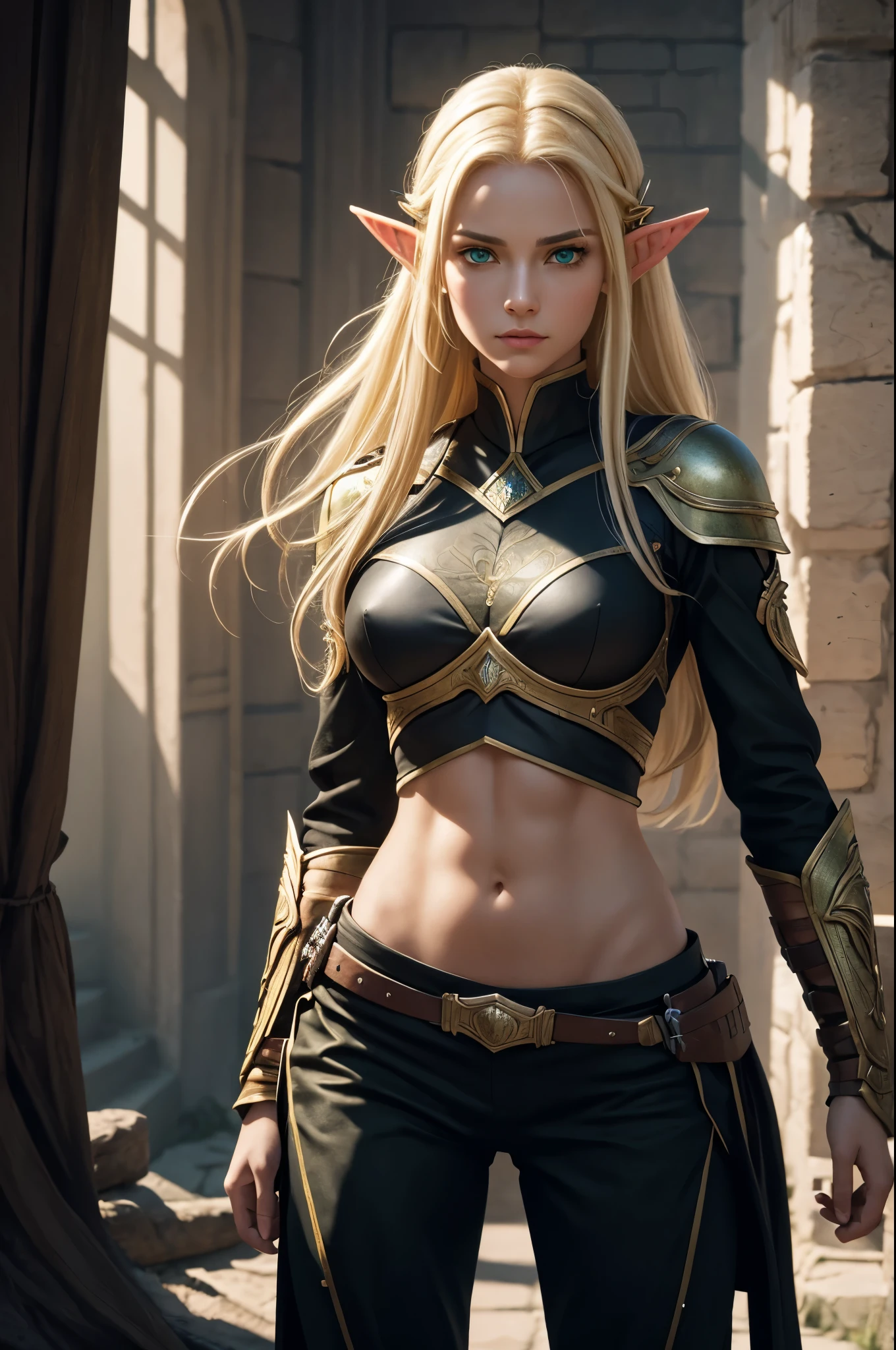 8k,An elf woman who serves as the vice-commander of the Brave Knights..,so beautiful(Like the real thing),Green Eyes,Elf Ears,Blonde Straight Hair,Muscular and slim body,Strongly defined abdominal muscles,Luxurious black exterior,Luxury Black Combat Trousers,sneer,Long, narrow eyes,masterpiece,Photorealistic RAW photos of the highest quality。Bright colors,Rich colors, Backlight, Cinema Lighting, Film Grain, to be born, 50mm lens, Nikon D850,Realistic Skin,Fantasy art,Character Art,Ultra-high resolution,Realistic scale skins,Perfect hand shape,View your viewers,Beautiful expression,1 comb&#39;hair,Very small breasts,豪華な緑と黒のVery small breastsの胸鎧,Luxurious black shoulder pad,Luxurious black gauntlets,Luxurious black armour,Luxurious black leg armor,View your viewers,Thin breastplate,Top-down view,close,Sharp Eyes,Dynamic fighting pose,Showing very little cleavage,smile,