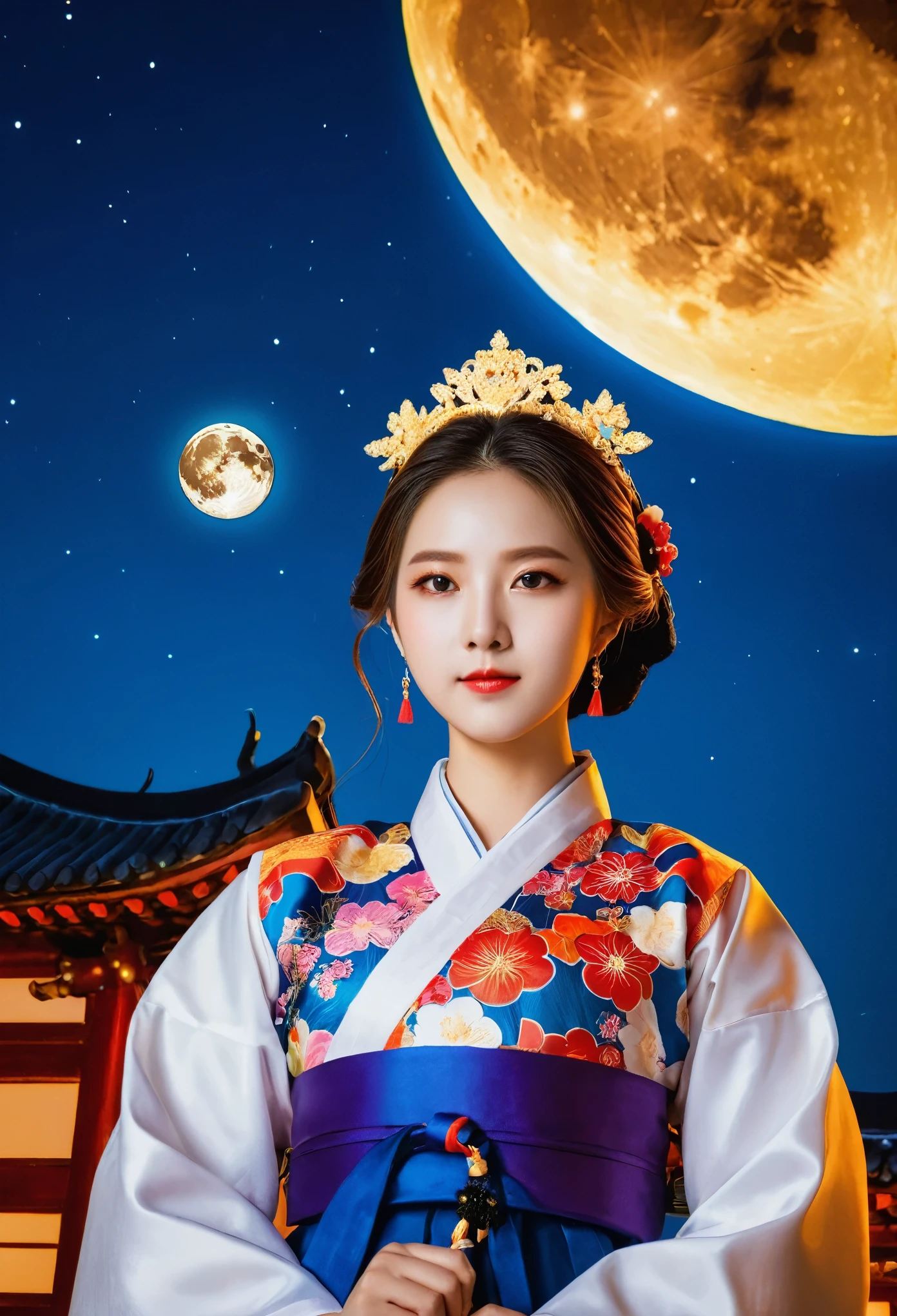 best quality, High target_solve, clearly_image, Detailed background ,girl, Hanbok,flower,flower园,moon, night,Hook of Holland, Wide-angle lens, crown,