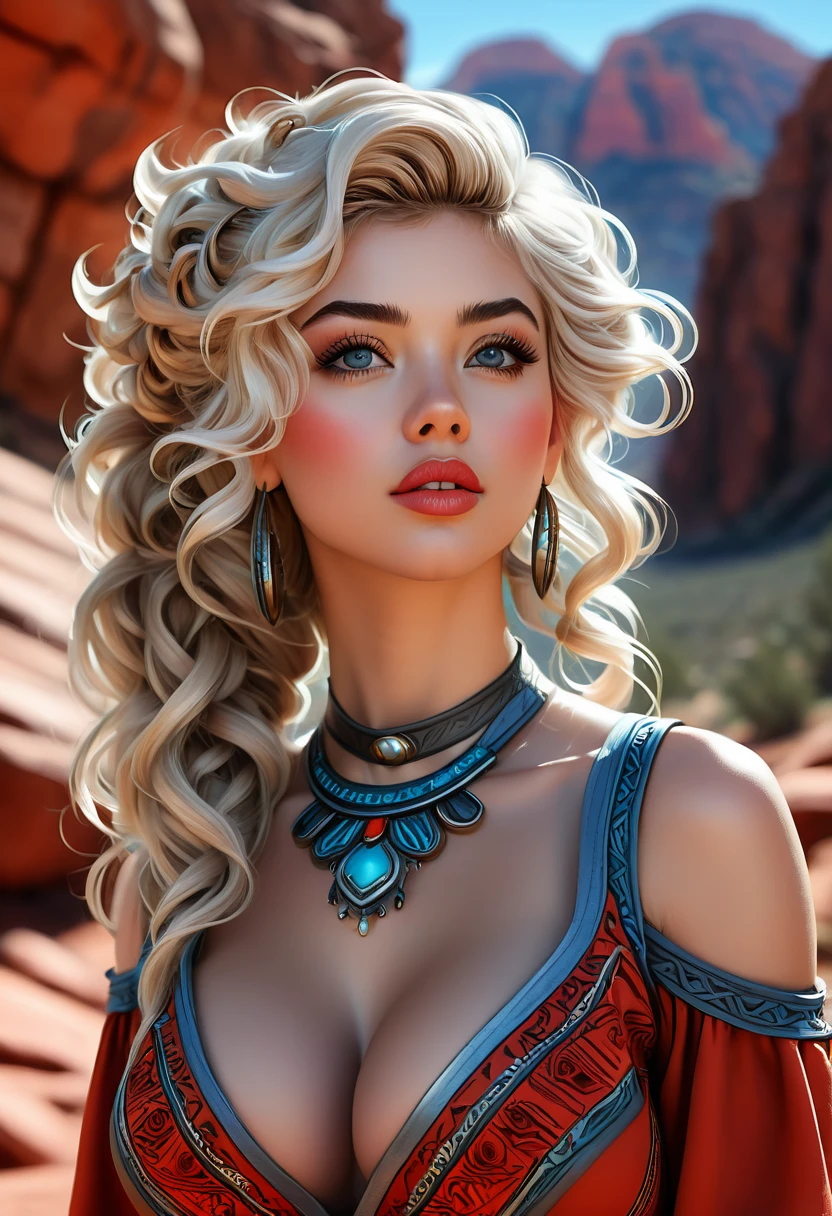 Thirst trap photo of a beautiful gnome women. Southwestern vibe and dress. Southwestern earrings, and jewelry. Her blonde hair is coarse, wiry, tightly curled, and densely packed, with a rough texture prone to frizz and tangling. official art is an award-winning digital masterpiece in 4K Ultra HD, featuring extreme detail and intricate realism. It combines the artistry of Wlop and Artgerm in a stunning 2D vector illustration. She has huge firm, perky, v symmetrical, and spherical breasts. The background showcases a beautiful panoramic vista of a red rock canyon. 50/50. merge of Masiela Lusha and Alison Brie.