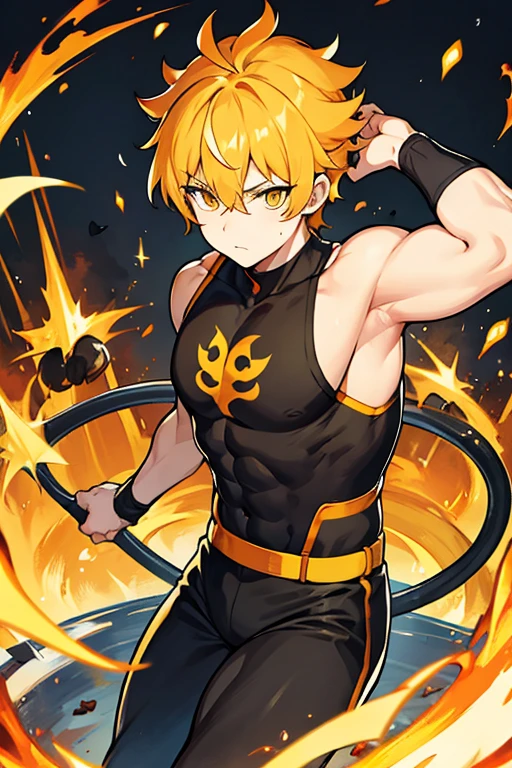 Muscle man, short orange and yellow hair, yellow eyes, Black sleeveless shirt, firefighter suit