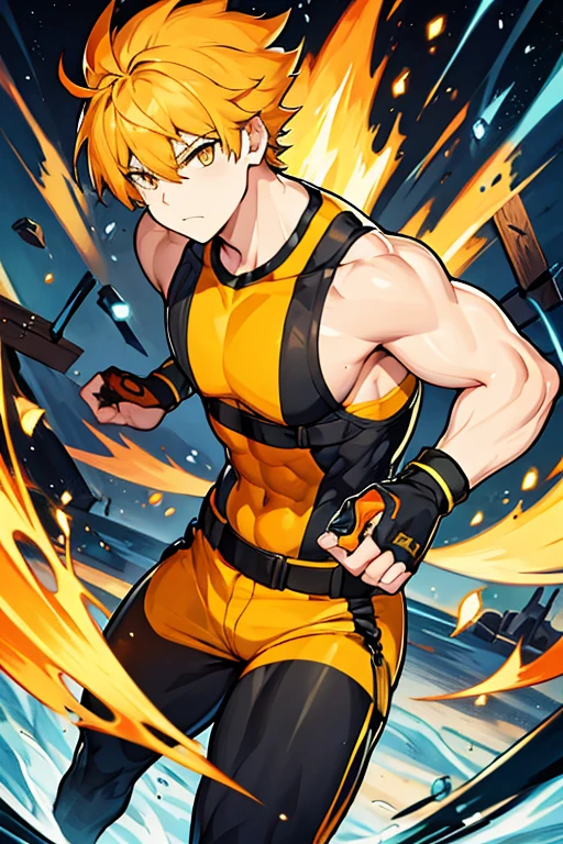 Muscle man, short orange and yellow hair, yellow eyes, Black sleeveless shirt, firefighter suit