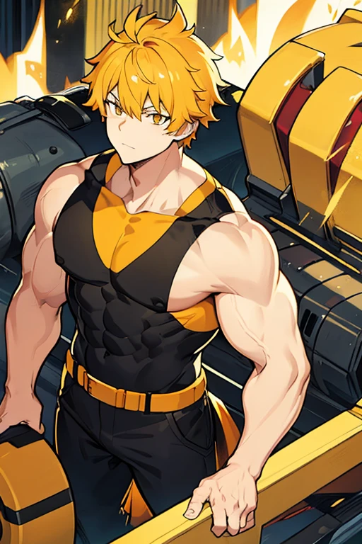 Muscle man, short orange and yellow hair, yellow eyes, Black sleeveless shirt, firefighter suit