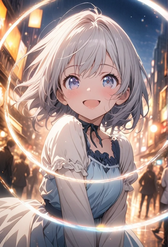 masterpiece, Highest quality, Highly detailed CG Unity 8k wallpaper, High School Girl Anime Illustration. Please wear a small dress., Open your arms, Her eyes and mouth are open, smile. Silver Hair, black eye, twins, Bokeh Photo, (Soft Focus):1.2, Out of focus highlights, Dreamy atmosphere, Glowing circle, Fascinating Depth, The background is a realistic cityscape,Low Angle,As if capturing the whole body