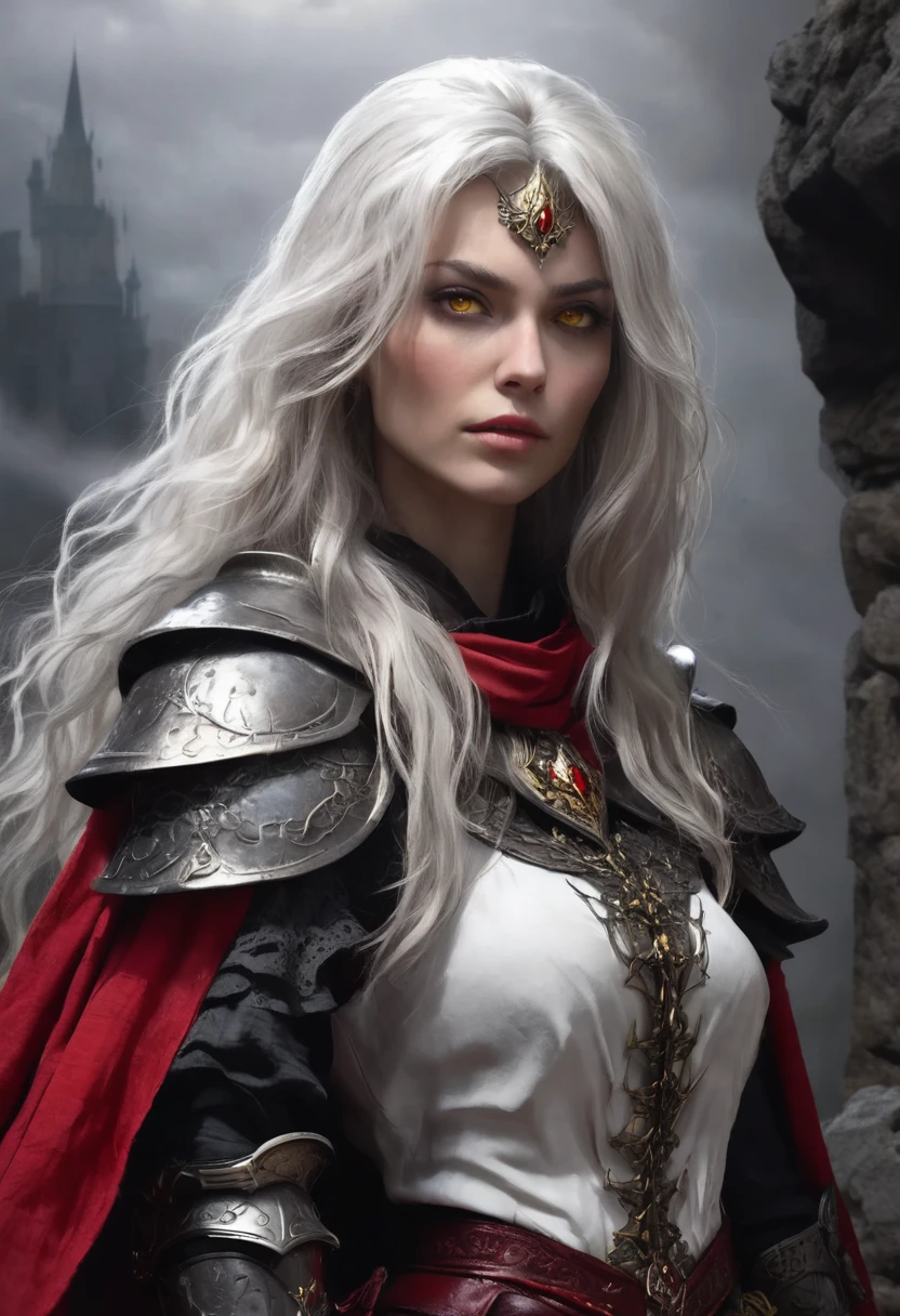 1 woman, she is a witch, inside a dark and gloomy castle made of stones, wearing ptara armor with a red cloth cape around it, detailed facial features, female yellow eyes, detailed white skin, shadowy woman, long straight white messy hair, dramatic lighting, cinematic composition, dark palette, dark colors, atmospheric fog, thin chin, serious face, serious face, strong and beautiful woman (best quality, 4K, 8K, high resolution, art: 1.2), ultra detailed (realistic, photorealistic, photorealistic: 1.37)