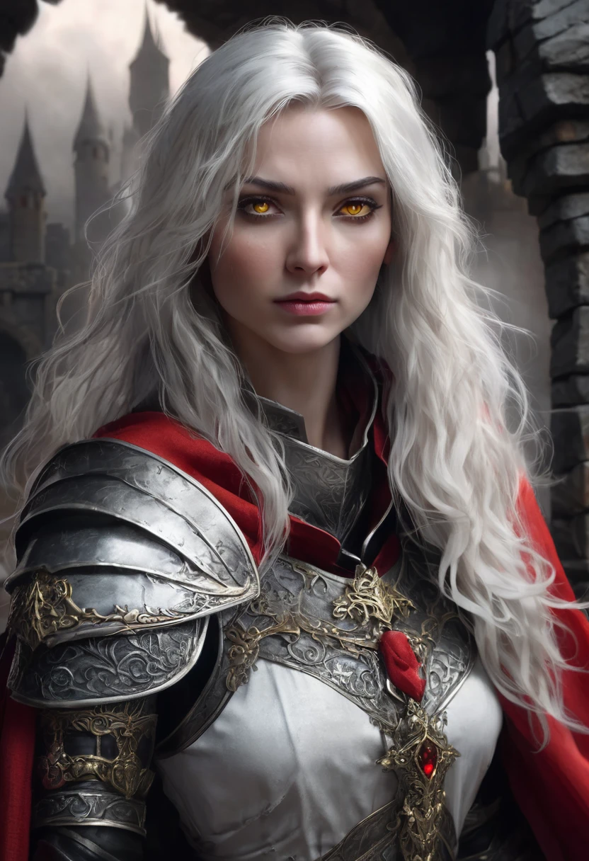1 woman, she is a witch, inside a dark and gloomy castle made of stones, wearing ptara armor with a red cloth cape around it, detailed facial features, female yellow eyes, detailed white skin, shadowy woman, long straight white messy hair, dramatic lighting, cinematic composition, dark palette, dark colors, atmospheric fog, thin chin, serious face, serious face, strong and beautiful woman (best quality, 4K, 8K, high resolution, art: 1.2), ultra detailed (realistic, photorealistic, photorealistic: 1.37)