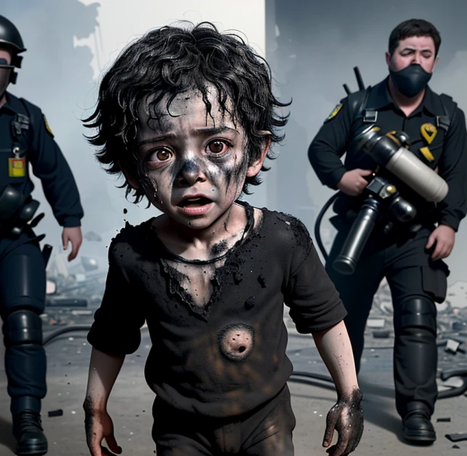 A little boy plays the lead role in a comedy movie, covered in soot and left in tatters after a bomb explodes during filming
