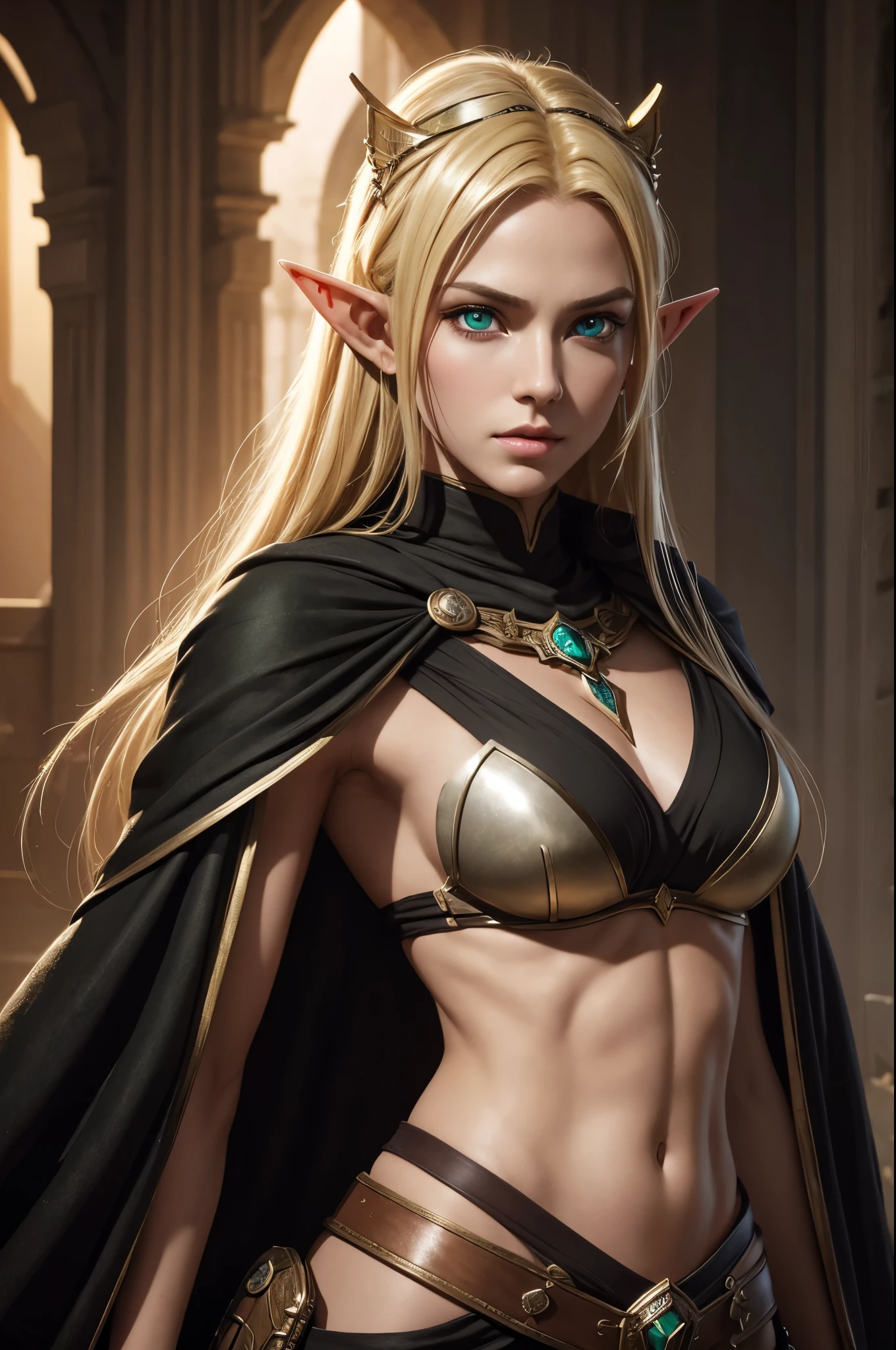 8k,An elf woman who serves as the vice-commander of the Brave Knights..,so beautiful(Like the real thing),Green Eyes,Elf Ears,Blonde Straight Hair,Muscular and slim body,Strongly defined abdominal muscles,Luxurious black exterior,Luxury Black Combat Trousers,sneer,Long, narrow eyes,masterpiece,Photorealistic RAW photos of the highest quality。Bright colors,Rich colors, Backlight, Cinema Lighting, Film Grain, to be born, 50mm lens, Nikon D850,Realistic Skin,Fantasy art,Character Art,Ultra-high resolution,Realistic scale skins,Perfect hand shape,View your viewers,Beautiful expression,1 comb&#39;hair,Very small breasts,豪華な緑と黒のVery small breastsの胸鎧,Luxurious black shoulder pad,Luxurious black gauntlets,Luxurious black armour,Luxurious black leg armor,View your viewers,Thin breastplate,Top-down view,close,Sharp Eyes,Dynamic fighting pose,Showing very little cleavage,smile,