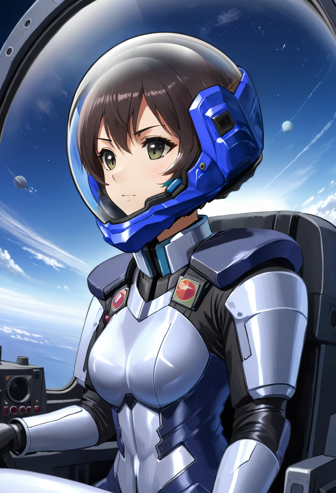 ((Female pilot in the cockpit of a reconnaissance plane), (airplane cockpit), (in flight), (10000 feet altitude)、(sky view):1.7),, short hair, street, emo, BLACK hair, white eyes, eyeliner, apocalypse, girl, nside the (cockpit:1.9) of a (futuristic spaceship:1.6), , blush,sitting on a chair, covered navel, space helmet, muvluv, space helm, plug suit , space helmet, eva helm, space suit, short hair, from below, from side
