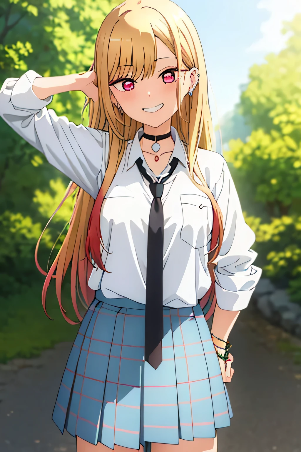 masterpiece, best quality, highres, (1girl), blonde hair, long hair, multicolored hair, red eyes, jewelry, earrings, piercing, , white shirt, tied shirt, black choker, blue necktie, plaid skirt, grin, smile, standing, cowboy shot, outdoors, good hands, good anatomy