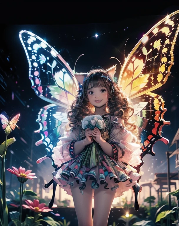 cat with butterfly wings in a flower field with fairies