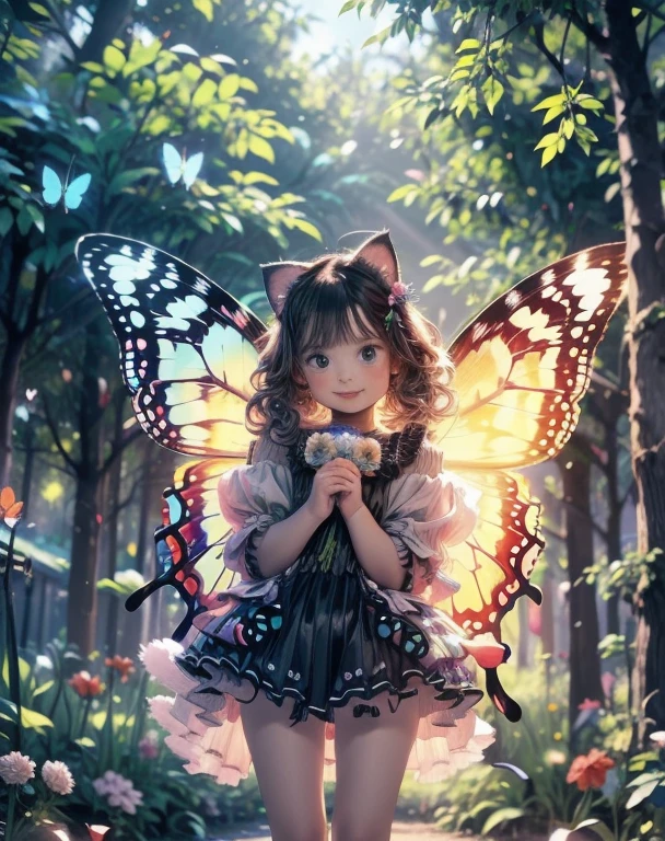 cat with butterfly wings in a flower field with fairies