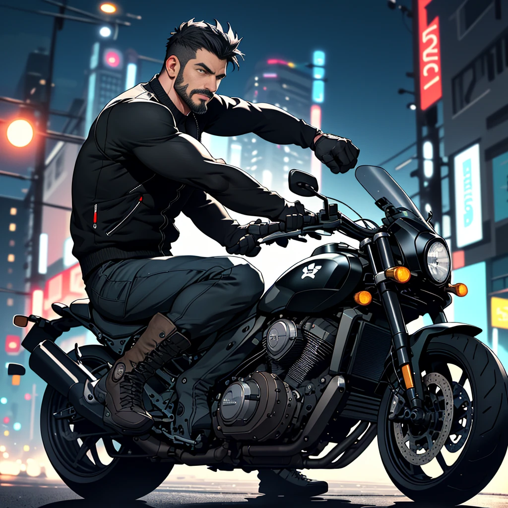 best qualtiy,tmasterpiece,serious-expression,Ultra-high resolution,detailedbackground,realisticlying,1 person,solo,male people,Male riding a black motorcycle,with short black hair,musculouature male,short detailed hair,Facial hair,Under Armour black tight fitness vest,black military boots,biker gloves,Realistic shadows and light,depth of fields,the night,neonlight,