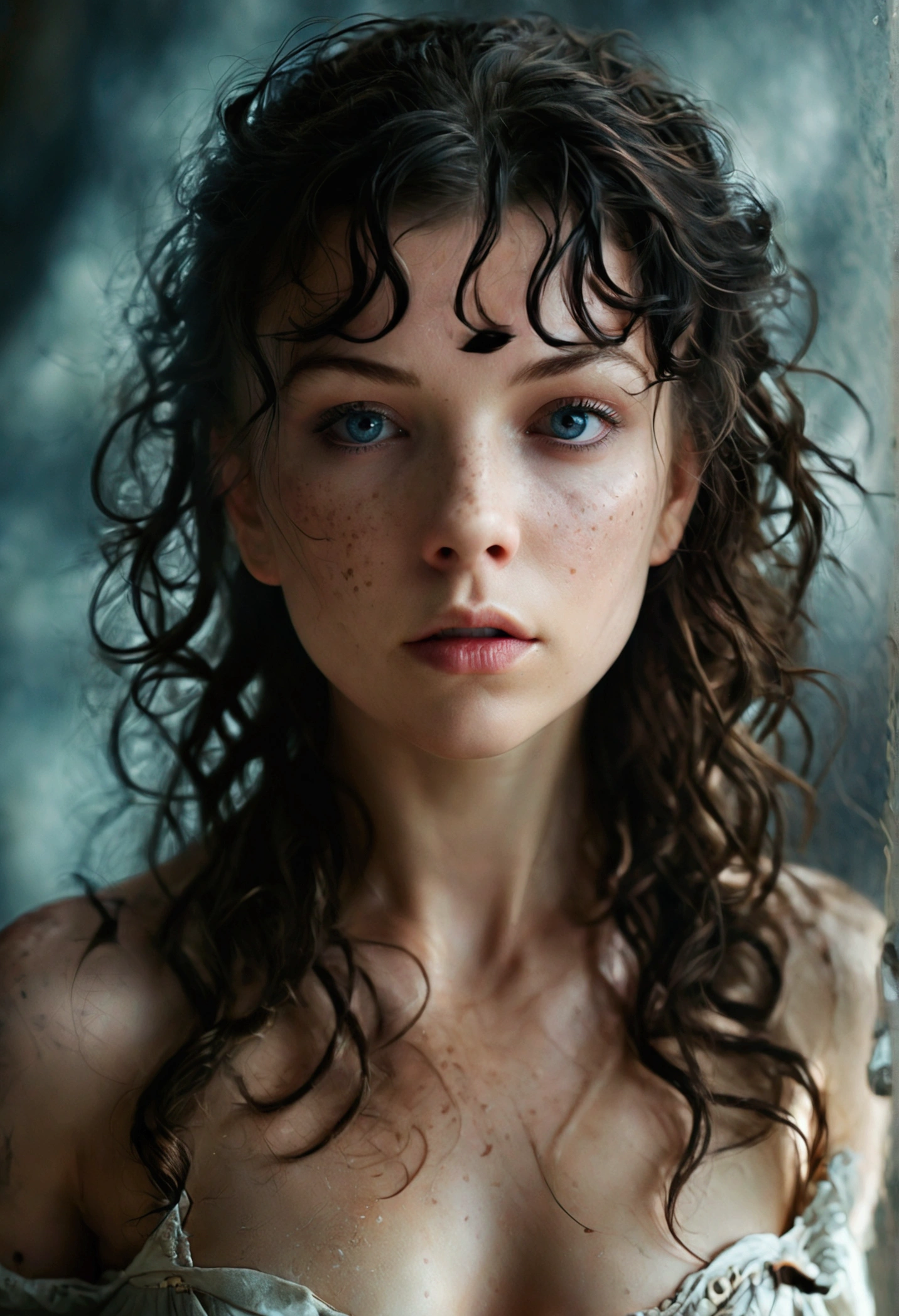 Natalie Dormer, (best quality, High resolution, masterpiece, overhead view:1.20),ultradetailed, (Full body:1.5), standing:1.2, Height 162cm, Body weight 46kg, female warrior, topless , asymmetrical bangs, freckles, black hair, big curls, Long hair, dark eyes, posing lasciviously, gloomy ecstasy, dark atmosphere, mysterious aura, provoking Pose, Strong emotions, through urgent look, intense shadow, Foggy background, Subtle color palette, rough terrain, threatening mood, A supernatural sensation,