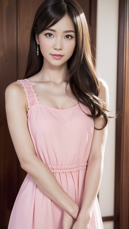 Gentle portrait of a beautiful Asian woman, flowing hair, captivating blue eyes, delicate features, radiant smile, natural makeup, elegantly dressed, ((Pink colour Boatneck Sleeveless Vintage Tea Dress)), ( hair adornment、bow ribbon、frilld、shairband、Jewelry Accessories ), gentle expression, slight blush, warm skin tones, fantastic lighting, soft shadows, high-resolution digital painting, realistic style, artistic interpretation, by a skilled portraitist.