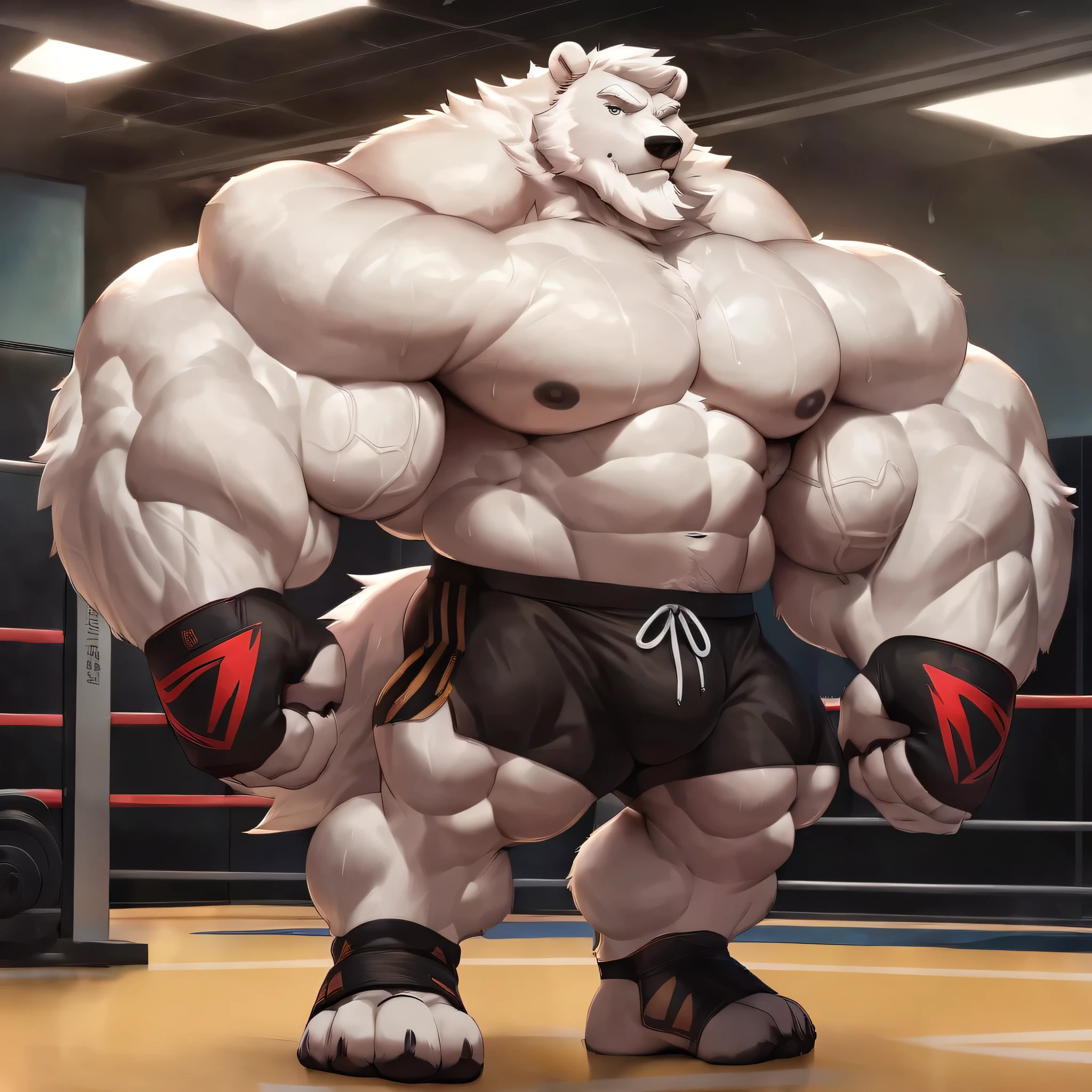 solo, 1boy, Huge Muscular White Polar Bear, huge white fur, pectoral, huge pectoral, wide pectoral, short white hair, ((really big muscle, massive muscular, sixpack, huge fluffy white fur, thick arms, wide pectoral, super huge muscle, hyper muscular, over sized muscle, huge arms, big arms, huge pectoral)), black kickboxing MMA shorts, black toeless wootwear, fingerless kickboxing fighting gloves and shirtless and topless, white bearded, white Mustache, white fur, grey eyebrows, gym fitness center background, masterpiece, high detailed, 8k, high resolution, at the gym, flexes huge thorax, looking at the viewer, acting all hunk, age of sweating and veins coursing through the body