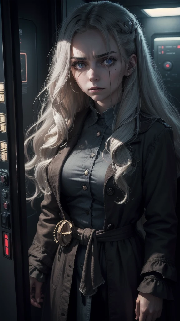 Description: The interior of a modern elevator, dimly lit to create a creepy atmosphere. A woman with long, disheveled hair and a haunting expression stands in the corner. Her eyes are dark and intense, adding to the unsettling feeling. The elevator's control panel is visible, with some buttons illuminated.
Keywords: elevator interior, dim lighting, scary woman, haunting expression, long disheveled hair, dark intense eyes, illuminated control panel