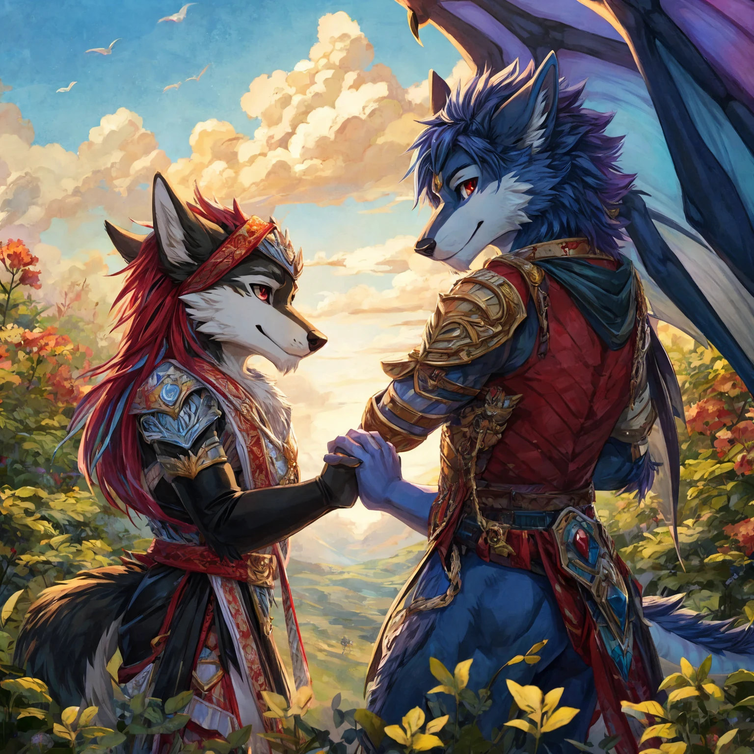furry dragon and wolf holding hands looking forward