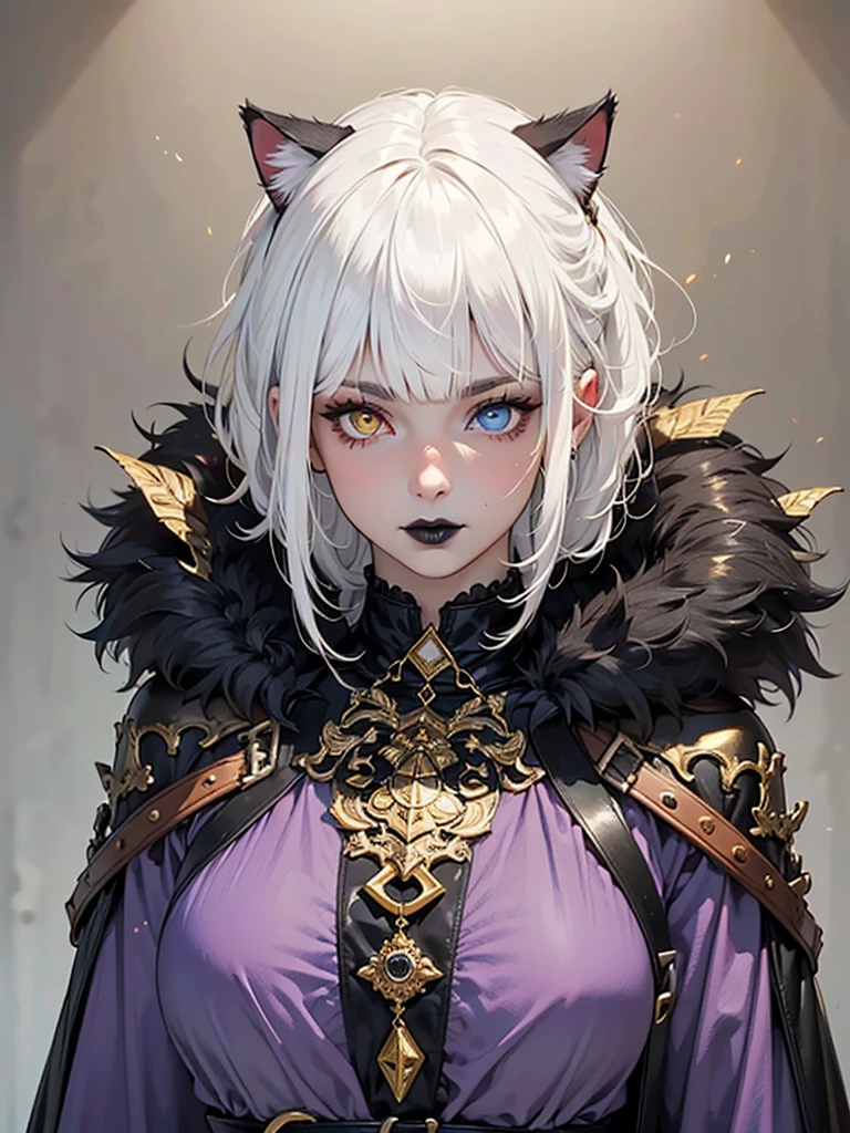 masterpiece, accurate, anatomically correct, super detail, high details, high quality, best quality, highres, 4K, character concept art, female character illustration, female role-playing character, 1 adult woman aged 25, She is a cat girl, catgirl, has fair and milky skin, ((heterochromia with red and gold eyes)), perfect bright eyes, (((white hair, long with blunt bangs))), cat ears, ((dark makeup, black lipstick)), ((The woman is wearing medieval black clothing)), She wears a richly detailed black leather cat choker.