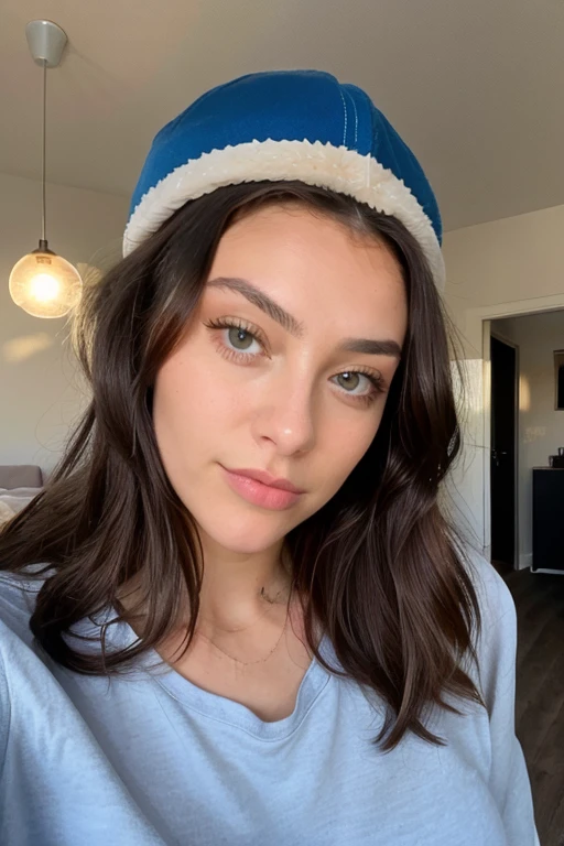 Une femme de 21 ans aux cheveux bruns, aux yeux bleus, vêtu d’une casquette dans un appartement en selfie photo très très réaliste pour Instagram