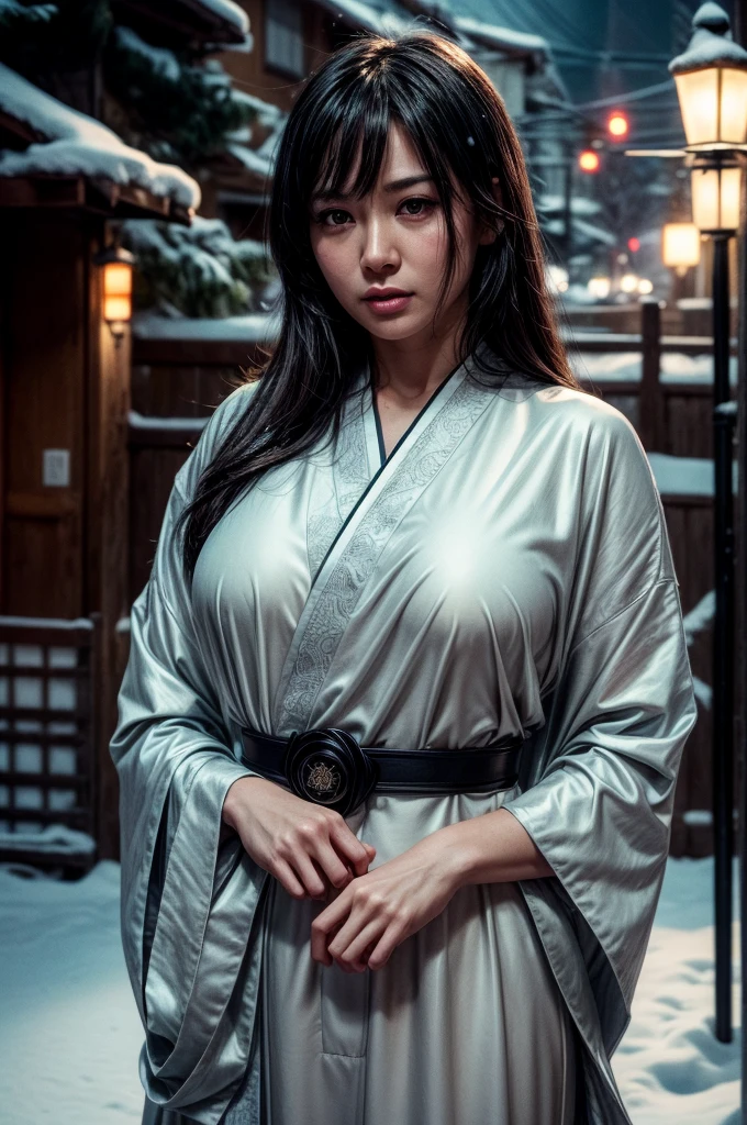 A mature woman in realistic portrait of high quality and detail, movie style, mature face, 43 years old, She has long black hair with short bangs, black eyes, pale skin, asian girl, She is wearing a traditional Japanese white kimono with blue patterns. medium breast, curvy, milf, blushing red face, mole on her face, dramatic look, glow, eye shadow, 1girl, Depth & Perspective, melancholic face, fine face, She's standing in the japanese street, outdoors, snow on background, winter, night time, looking at viewer, (ultra-high detail:1.2), Masterpiece, Best Quality, Ultra-detailed, Cinematic lighting, 8K, delicate features, cinematic, 35 mm lens, f/1.9, highlight lighting, global lighting –uplight –v 4, cinematic, Cinematic lighting, 8K, high quality, Highest Quality, (Solo Focus), (extremly intricate:1.3), (Realistic), masterful, Analog style, (Film grain:1.5), (cold tone),