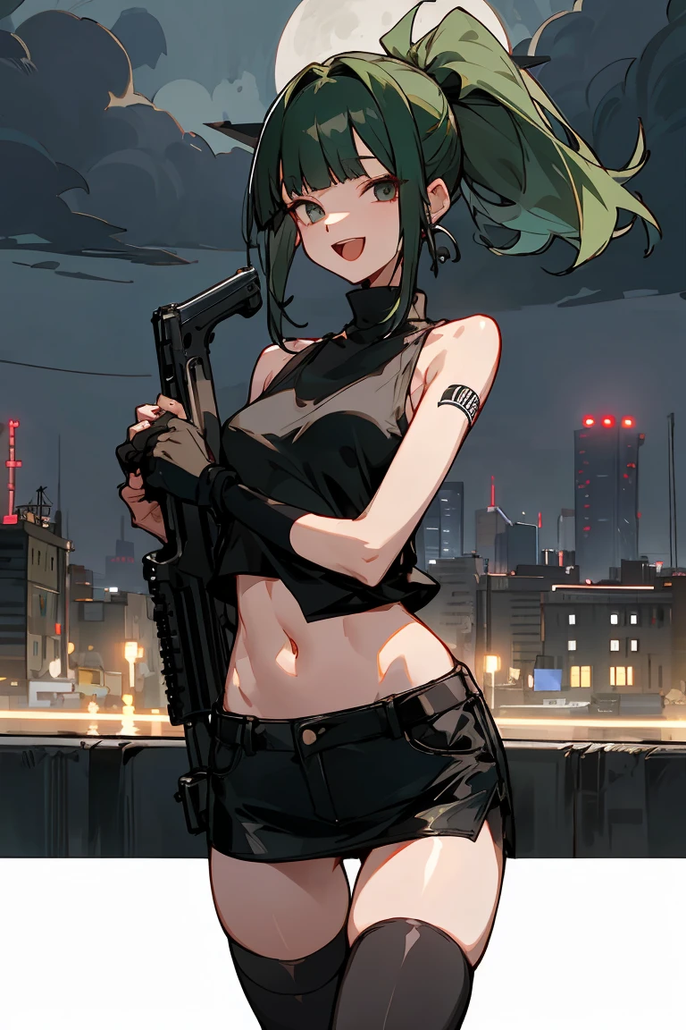 Dark green hair, long ponytail, blunt bangs, jovial, friendly, pleasant smile, pretty smile, open mouth smile, Gentle feeling, slender body, smaller head、ideal ratio body proportions,medium breasts,punk rock fashion、Black tank top、Navel is visible、black leather micro miniskirt、thigh_gap, black_thighhighs,standing,Holding a handgun in your hand、precise and accurate handgun、Trade port、warehouses lined up、Warehouse district、Tokyo、at night、moonlight、