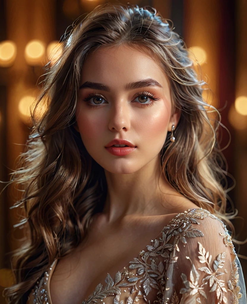 a beautiful young woman, gorgeous female, detailed face, detailed eyes, detailed lips, long eyelashes, flowing hair, sensual expression, seductive pose, elegant dress, ethereal atmosphere, glowing skin, warm lighting, cinematic composition, detailed rendering, photorealistic, highly detailed, masterpiece, 8k, ultra-detailed, professional, vivid colors, dramatic lighting, fantasy, glamour portrait