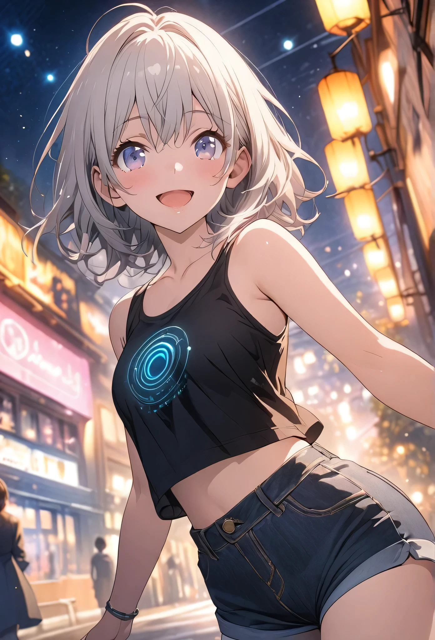 masterpiece, Highest quality, Highly detailed CG Unity 8k wallpaper, High School Girl Anime Illustration. Please wear a small tank top and shorts.., Open your arms, Her eyes and mouth are open, smile. Silver Hair, black eye, twins, Bokeh Photo, (Soft Focus):1.2, Out of focus highlights, Dreamy atmosphere, Glowing circle, Fascinating Depth, The background is a realistic night view,Low Angle,As if capturing the whole body,