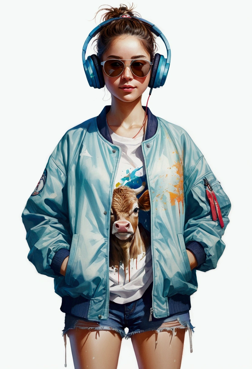 Perfect centering, a cute calf, Wear a student team jacket, wearing sunglasses, Wearing Headphones, cheerfulness, standing position, abstract beauty, centred, looking at the camera, Facing the camera, approaching perfection, dynamic, highy detailed, Soft, sharp focus, 8k, High definition resolution, illustration, arte de Carne Griffiths e Wadim Kashin, White background