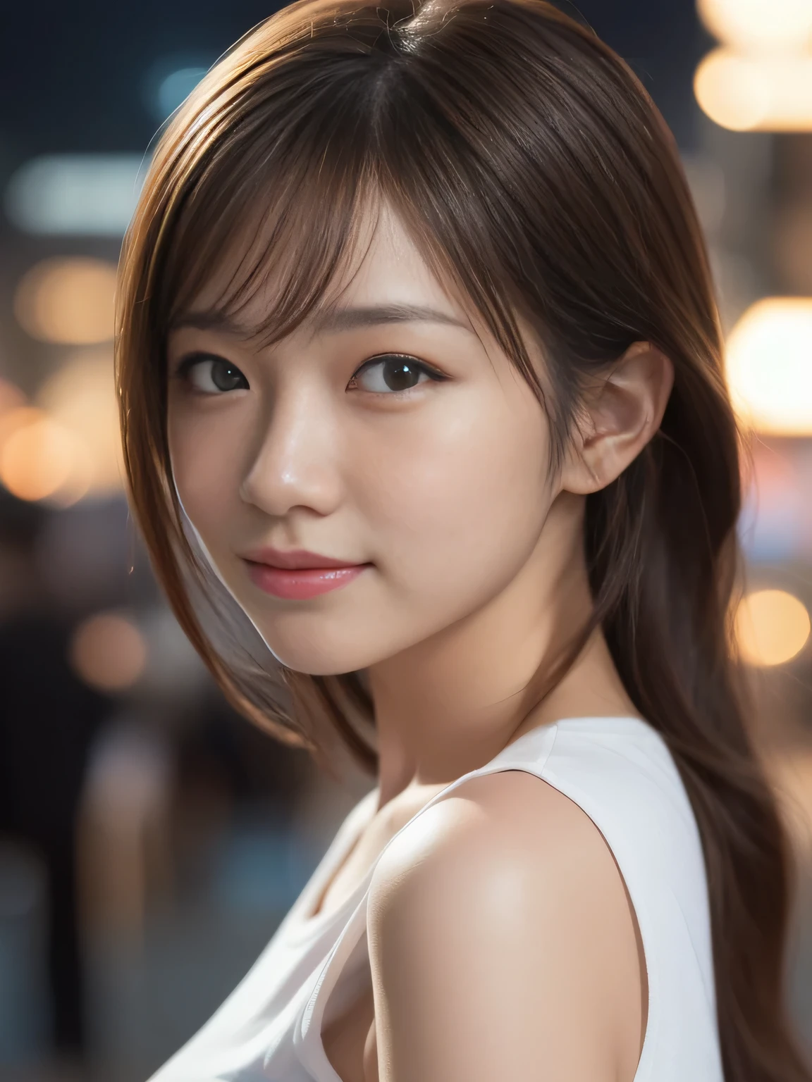 One Japanese woman, Close-up of face、ass pov、Watching the audience、Light brown hair、35-year-old housewife、(Skin-toned sleeveless T-shirt:1.3)、(RAW Photos, Highest quality), (Realistic, photo-Realistic:1.4), masterpiece, Very delicate and beautiful, Very detailed, 2k wallpaper, wonderful, In detail, Very detailed CG unity 8k wallpaper, Very detailed, High resolution, Soft Light, Beautiful detailed girl, Very detailed eyes and face, Beautifully detailed nose, Beautiful attention to detail,Cinema Lighting,City lights at night,Perfect Anatomy,smile   