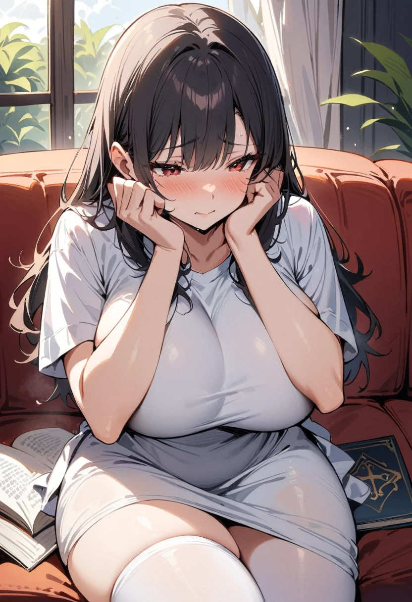 ((Best Quality)), ((masterpiece)), (detailed), 1 girl, black hair, long, Hair covers half of the face, Red eyes, big breasts, big thighs, shy expression, blushing, gray skin, White dress, at home, sitting on the couch, with pain, covering his face with a book