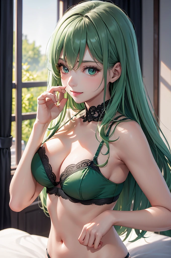 Best Quality,High resolution,8k,finelity detailed background,Masterpiece:1.2),beautiful girl,Shiny green hair,messy hair,Green Eyes,Gentle look,A refreshing look,smile,Best quality,Best Quality,Aesthetic and aesthetic:1.2,Best details((Super detailed))(High-definition CG illustrations),Dark grey underwear, (dark gray),Slender body,night,moon,Bedroom,On the bed,smile,blush,cute,Scrounge,Looking up,Being spoiled,super model,wariza,shoot from,below