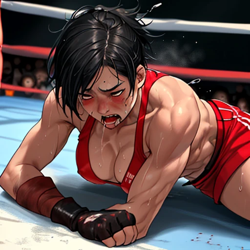 a bloody beautiful young Japanese female fighter is beated down in the fighting ring. Blood is dripping from her nose. She is covered in scars and bruises. she is lying down. she is damaged terribry. she was defeated. she lost the fight. she was knocked out. Short-cut black hair, out of breath, drooling from mouth, crying, exhausted, drenched in sweat. Muscularity. Six-pack abs. Erect nipples. sports-bra, bikini shorts, open finger glove.
