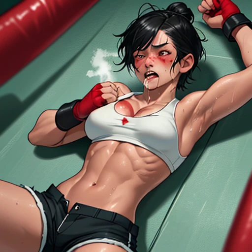 a bloody beautiful young Japanese female fighter is beated down in the fighting ring. Blood is dripping from her nose. She is covered in scars and bruises. she is lying down. she is damaged terribry. she was defeated. she lost the fight. she was knocked out. Short-cut black hair, out of breath, drooling from mouth, crying, exhausted, drenched in sweat. Muscularity. Six-pack abs. Erect nipples. sports-bra, bikini shorts, open finger glove.