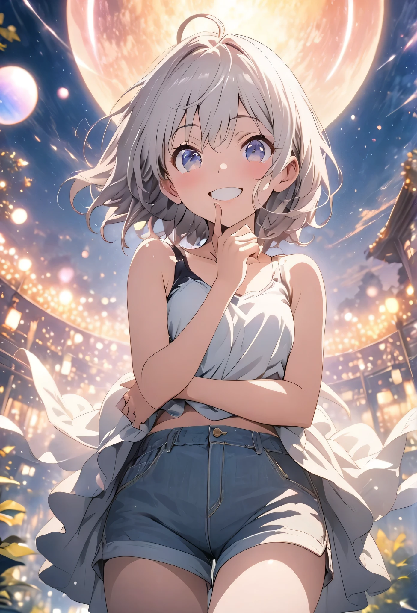masterpiece, Highest quality, Highly detailed CG Unity 8k wallpaper, High School Girl Anime Illustration. Please wear a small tank top and shorts.., Open your arms, Her eyes and mouth are open, smile. Silver Hair, black eye, twins, Bokeh Photo, (Soft Focus):1.2, Out of focus highlights, Dreamy atmosphere, Glowing circle, Fascinating Depth, The background is a realistic night view,Low Angle,As if capturing the whole body,