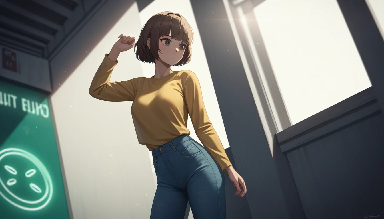 (Dynamic medium shot:1.2), (Best quality:1.5), (neon sign light:1.3), (drizzling:1.3), 23y, 1girl, indonesian, (tight breast:1.3), yellow long sleeve shirt and jeans, sneakers, (cute face:1.2), wavy short hair, dramatic posing in front of a closed shop, outdoor, newspaper, film looks, cinematic lighting, shadow, sunlight, aesthetic, ultra highres, sharp focus, highly detailed, detailed face and eyes, film bokeh, surreal view, shot by eos c with 35mm lens, movie angle, Portrait by annie leibovitz, midjourney v6