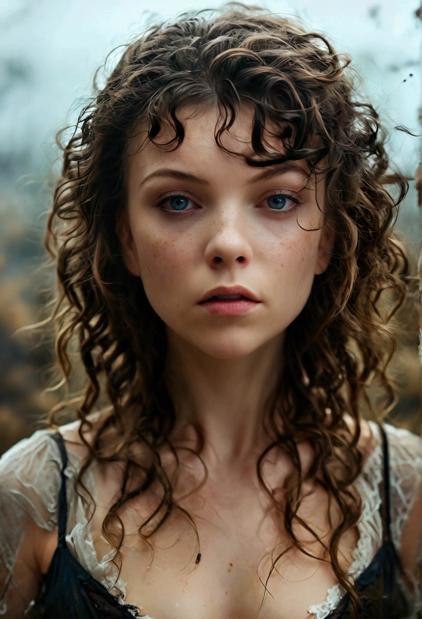 Natalie Dormer, (best quality, High resolution, masterpiece, overhead view:1.20),ultradetailed, (Full body:1.5), standing:1.2, Height 162cm, Body weight 46kg, 30 years old, topless , asymmetrical bangs, freckles, black hair, big curls, Long hair, dark eyes, posing lasciviously, gloomy ecstasy, dark atmosphere, mysterious aura, provoking Pose, Strong emotions, through urgent look, intense shadow, Foggy background, Subtle color palette, rough terrain, threatening mood, A supernatural sensation,