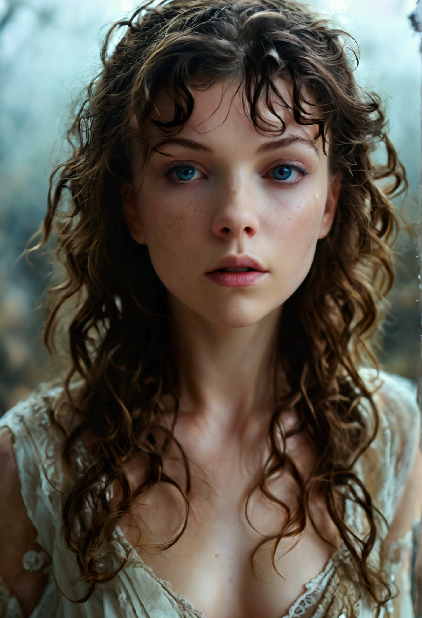 Natalie Dormer, (best quality, High resolution, masterpiece, overhead view:1.20),ultradetailed, (Full body:1.5), standing:1.2, Height 162cm, Body weight 46kg, 30 years old, topless , asymmetrical bangs, freckles, black hair, big curls, Long hair, dark eyes, posing lasciviously, gloomy ecstasy, dark atmosphere, mysterious aura, provoking Pose, Strong emotions, through urgent look, intense shadow, Foggy background, Subtle color palette, rough terrain, threatening mood, A supernatural sensation,