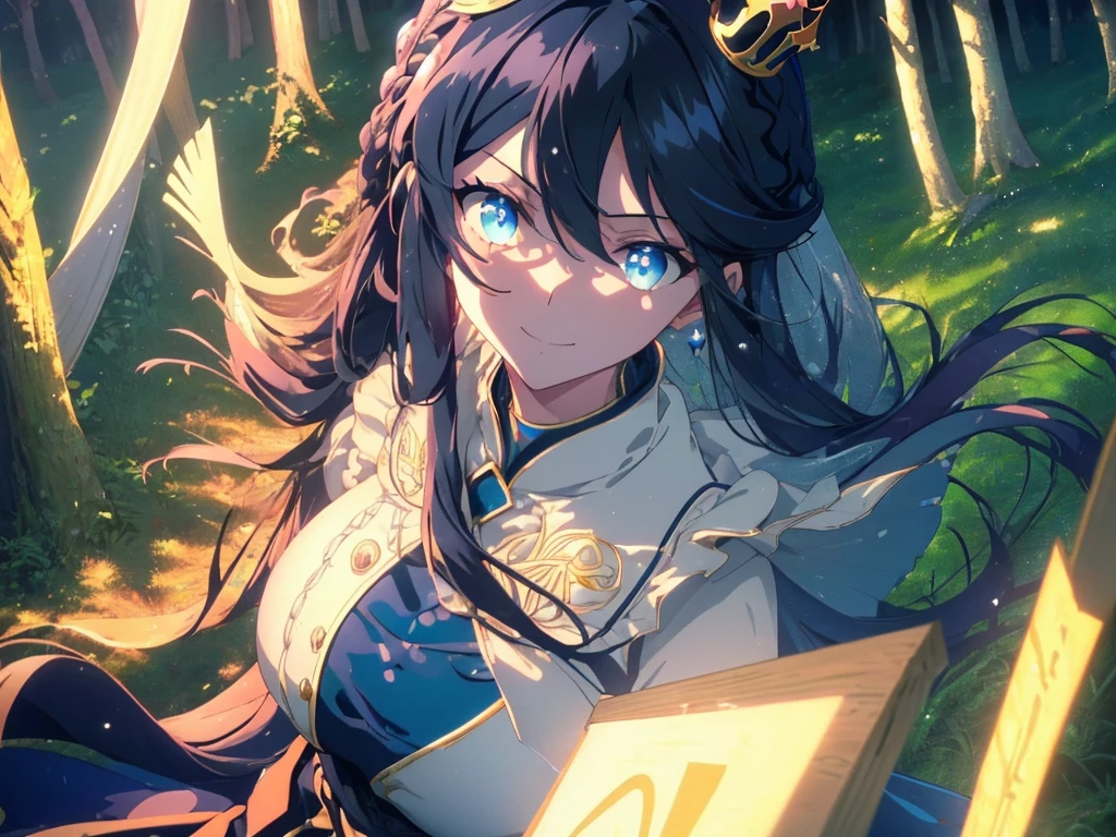 best quality, extremely detailed,anime style 1girl,long hair down to the waist, straight hair, ((dark black hair with bluish)),((crown braid)),ponybun,beautiful detailed eyes, pinched eyes, (dark blue eyes),((huge breasts)),curvy,((((light color princess dress)))),((coat)),((((light color long flare skirt)))),Fine decoration,clothing with complex patterns,((Detailed background)),((Comfortable posture)),((light smile)),((((forest bathing)))), river, in the woods, summer,((((Diagonal angle))))