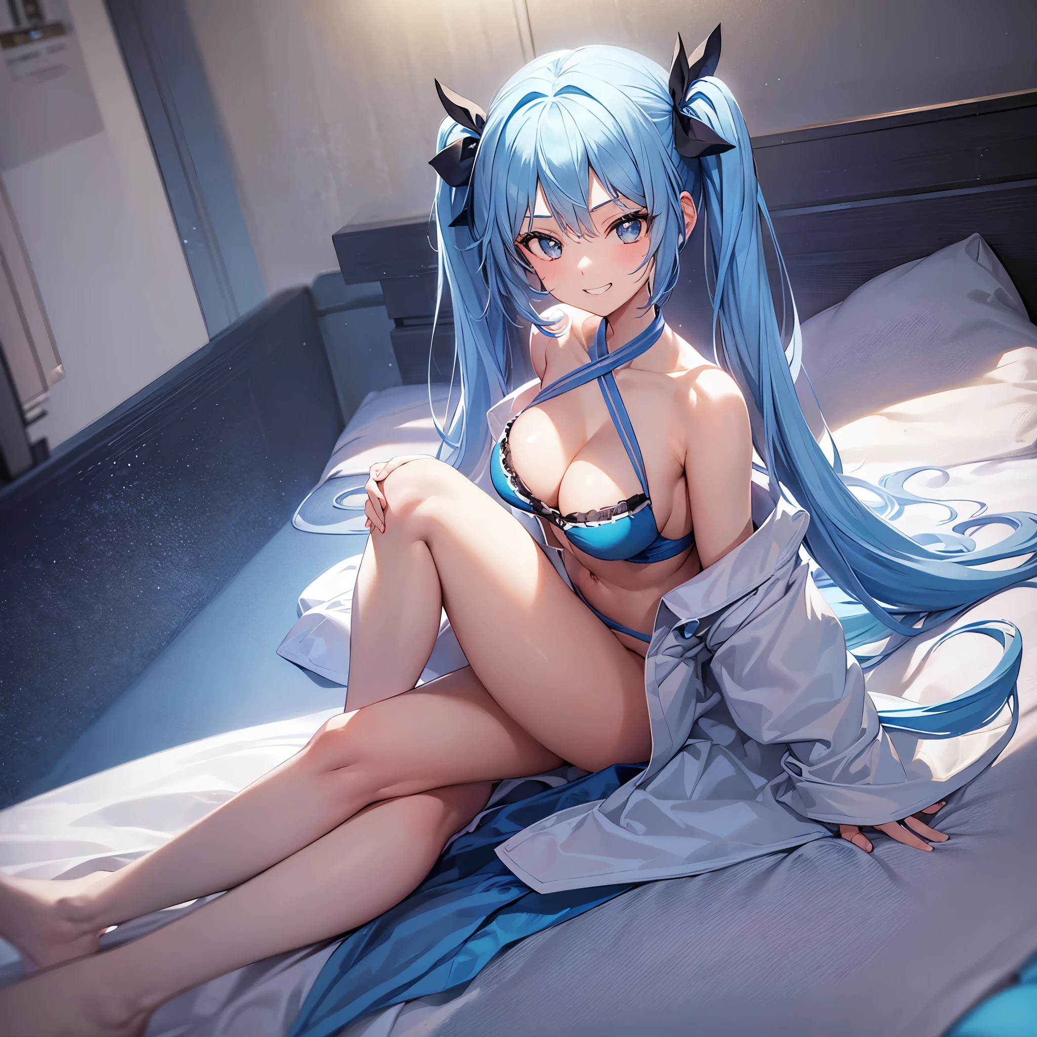 One girl, solo, High resolution, chest, Blue Hair/Light blue hair, masterpiece, Anatomically correct, Highest quality, 大きなchest, Grin, Twin tails, Simple Background, Girl in bikini sitting on bed