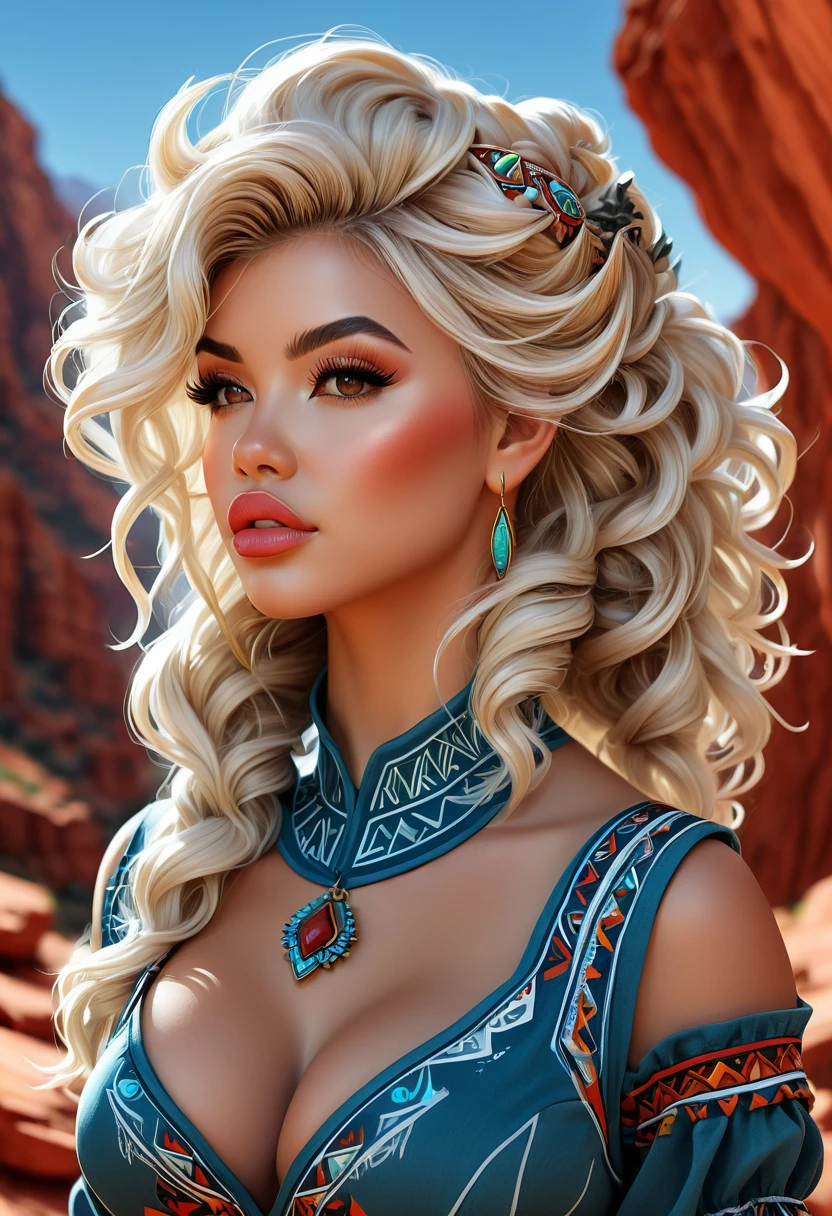 Thirst trap photo of a beautiful gnome women. Southwestern vibe and dress. Southwestern earrings, and jewelry. Her blonde hair is coarse, wiry, tightly curled, and densely packed, with a rough texture prone to frizz and tangling. official art is an award-winning digital masterpiece in 4K Ultra HD, featuring extreme detail and intricate realism. It combines the artistry of Wlop and Artgerm in a stunning 2D vector illustration. She has huge firm, perky, v symmetrical, and spherical breasts. The background showcases a beautiful panoramic vista of a red rock canyon.  50/50.merge of Masiela Lusha, and Kim Kardashian.
